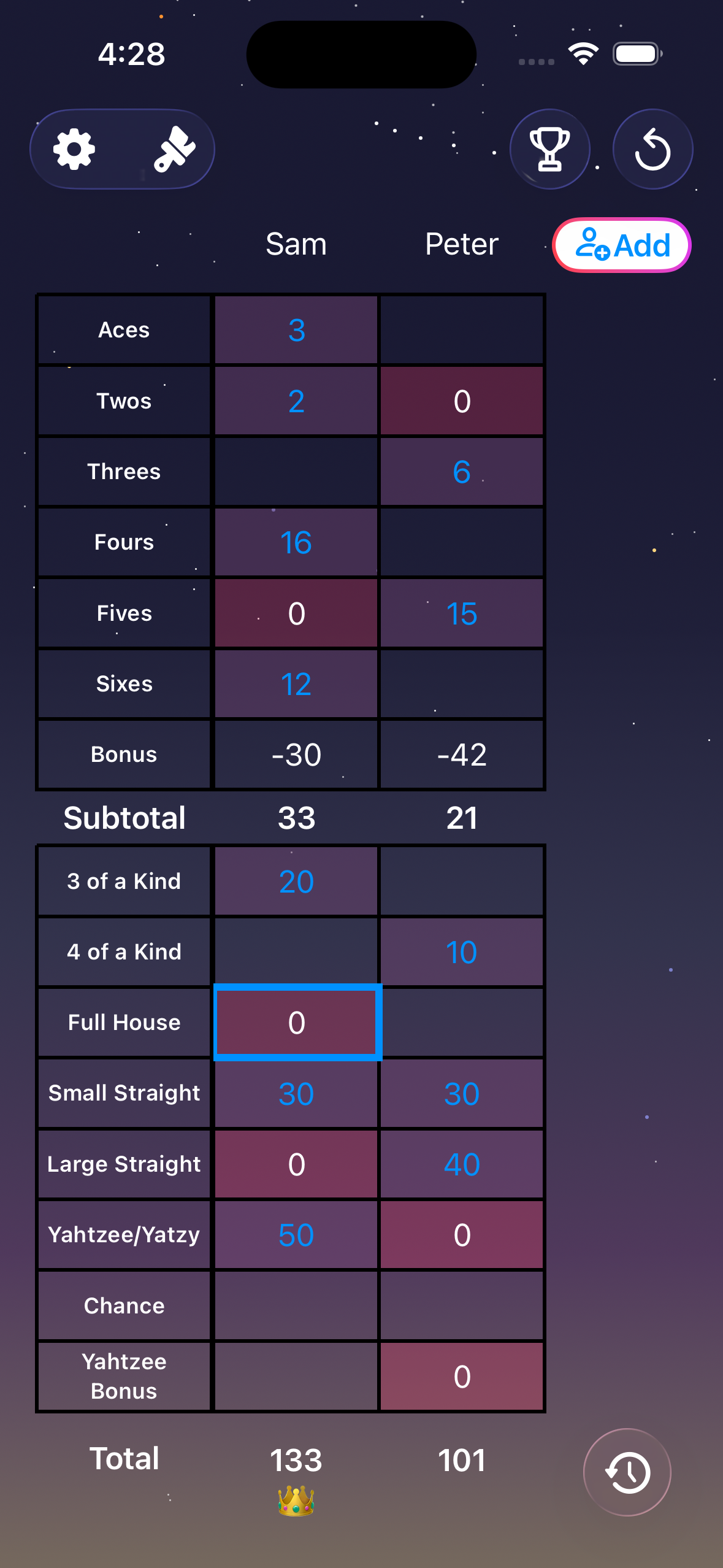 Yatzy Scores app screenshot